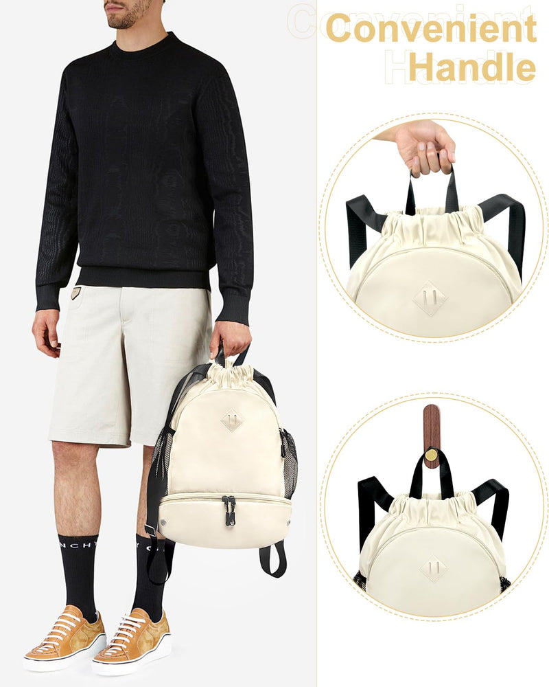 RHDZO Drawstring Backpack Gym Backpack with Shoe Compartment for Men Women String Sports Bag with Wet Pocket Cinch Swim Beach Bag, Beige (Patent Pending)