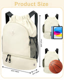 RHDZO Drawstring Backpack Gym Backpack with Shoe Compartment for Men Women String Sports Bag with Wet Pocket Cinch Swim Beach Bag, Beige (Patent Pending)