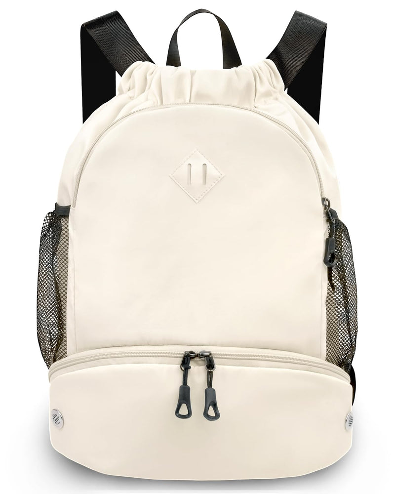 RHDZO Drawstring Backpack Gym Backpack with Shoe Compartment for Men Women String Sports Bag with Wet Pocket Cinch Swim Beach Bag, Beige (Patent Pending)