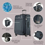 Ricardo Beverly Hills Avalon Softside Medium Check - In Luggage Made with Sustainable 100% Recycled PET (rPET), Lightweight, Eco - Friendly Travel, Expandable, Dual Spinner Wheels, Storm Blue, 24 - inch