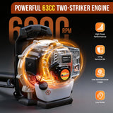 RIDALIYA 63CC Gas Leaf Blower, 3.2HP Backpack Blower with 660 CFM Air Volume and 200 MPH Wind Speed, Powerful 2 - Stroke Engine for Heavy - Duty Lawn, Yard, and Parking Lot Cleanup