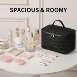 RIGHT AWAY Makeup Bag,Large Cosmetic Bags for Women Girls, Quilted Train Case Make Up Bag with Handle,Travel Makeup Case Organizer,Cute Toiletry Bag Vanity Bag (Black)