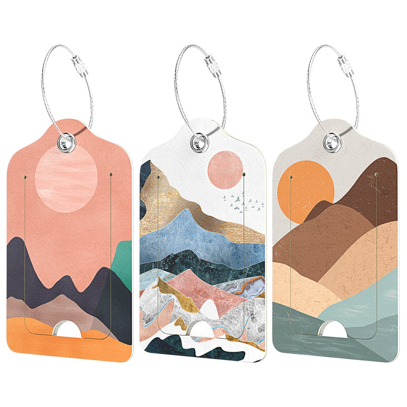 Rimilak 3 Pcs PU Leather Luggage Tags for Suitcase, Travel Cruise Luggage Tag with Privacy Flap, Name ID Label and Metal Loop for Women Men Baggage Handbag School Bag Backpack, Setting Sun
