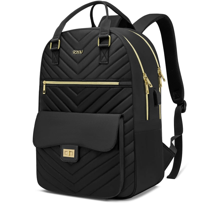 RJEU School Backpack Aesthetic for Teen Girls,Laptop Bag Bookbag with USB Port for Women College Student,Mochilas de Mujer,Black
