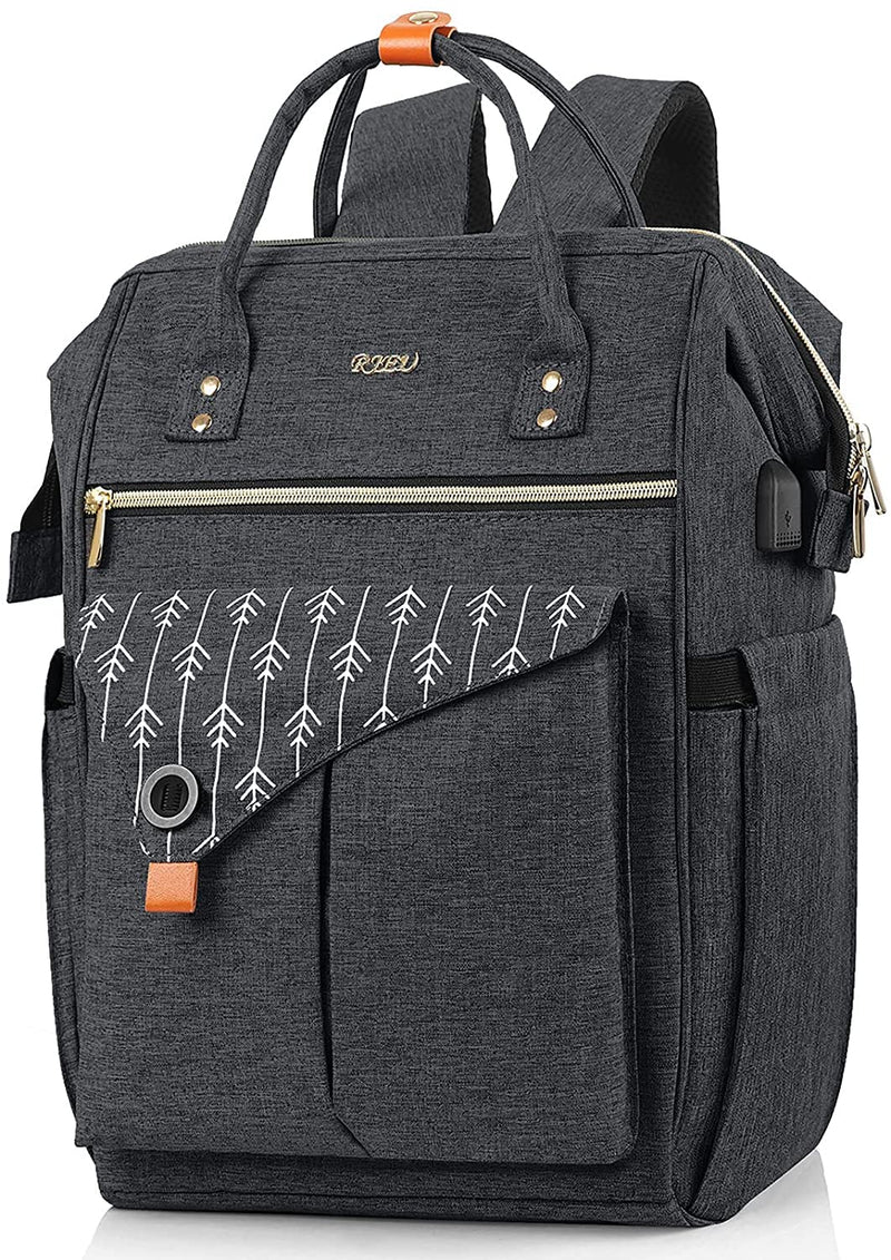 RJEU Women Backpack Travel Laptop Bag - 15.6 Inch Anti Theft Slim Backpack with USB Charging Port, Water Resistant Sturdy - School College, Ergonomic, Fits Notebook, Black