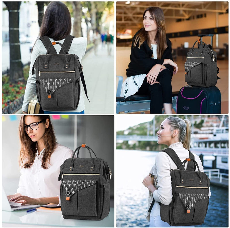 RJEU Women Backpack Travel Laptop Bag - 15.6 Inch Anti Theft Slim Backpack with USB Charging Port, Water Resistant Sturdy - School College, Ergonomic, Fits Notebook, Black