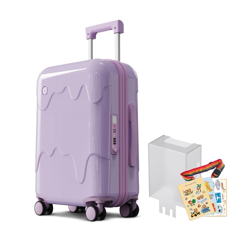 ROAMING 20 - Inch Purple Carry On Luggage Airline Approved Lightweight PC Hardside Rolling Suitcase with TSA Lock Cup Holder USB Charging Port and Spinner Wheels for Women Ice cream suitcase