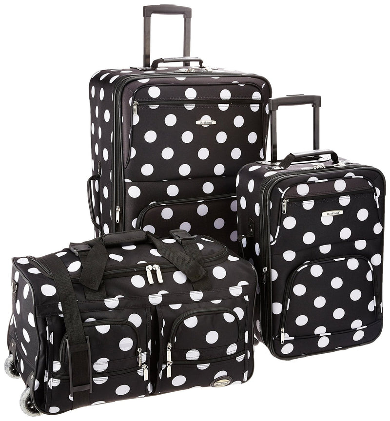 Rockland Vara Softside 3 - Piece Upright Luggage Set, Expandable,Black dot, (20/22/28)