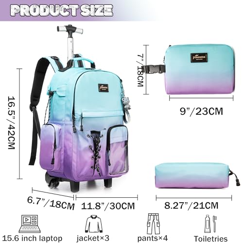 Rolling Backpack for Girls Backpack with Wheels for Teens Boys Kids Rolling Backpacks for Travel School Backpacks with Wheels for Teens with Lunch Box
