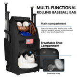 Rolling Baseball Bag with Wheels, 60L Capacity Wheeled Softball bag with Shoe Compartment for Youth & Adult, Bat bag with Hidden Straps,Fence Hook,Holds 4 Bat, Helmet, Glove