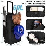 Rolling Baseball Bag with Wheels, 60L Capacity Wheeled Softball bag with Shoe Compartment for Youth & Adult, Bat bag with Hidden Straps,Fence Hook,Holds 4 Bat, Helmet, Glove