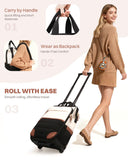 Rolling Puffer Backpack for Women, Travel Backpack with Wheels, 16 Inch Wheeled Laptop Backpck, Dual - Opening Design Overnight College Underseat Carry on Luggage, Roller Business Work Bag, Beige Brown