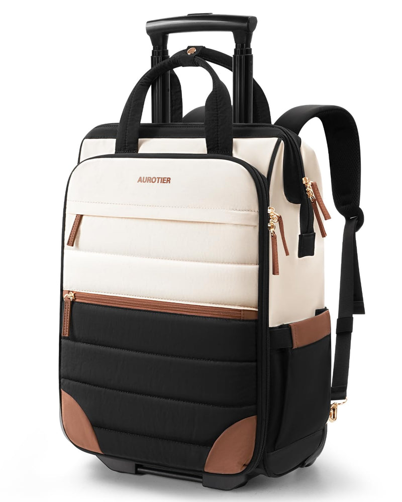 Rolling Puffer Backpack for Women, Travel Backpack with Wheels, 16 Inch Wheeled Laptop Backpck, Dual - Opening Design Overnight College Underseat Carry on Luggage, Roller Business Work Bag, Beige Brown