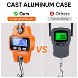 RoMech 660lb Digital Hanging Scale with Cast Aluminum Case, Handheld 300Kg Mini Crane Scale with Hooks for Farm Hunting Fishing Outdoor (Orange)