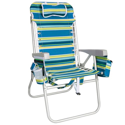 Romswi Tall Beach Chair Extra Wide for Adults, 17" High Seat Backpack Beach Chair with Cooler Bag, Cup & Phone Holder, 5-Position High | Backpacks4Less