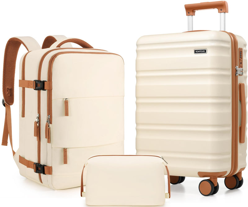 Romtour 3 Piece Luggage Set 20 Inch Carry On Suitcase with Spinner Wheels, PC Hard Shell TSA Lock, Expandable & Fully Lined Interior, Airline Approved