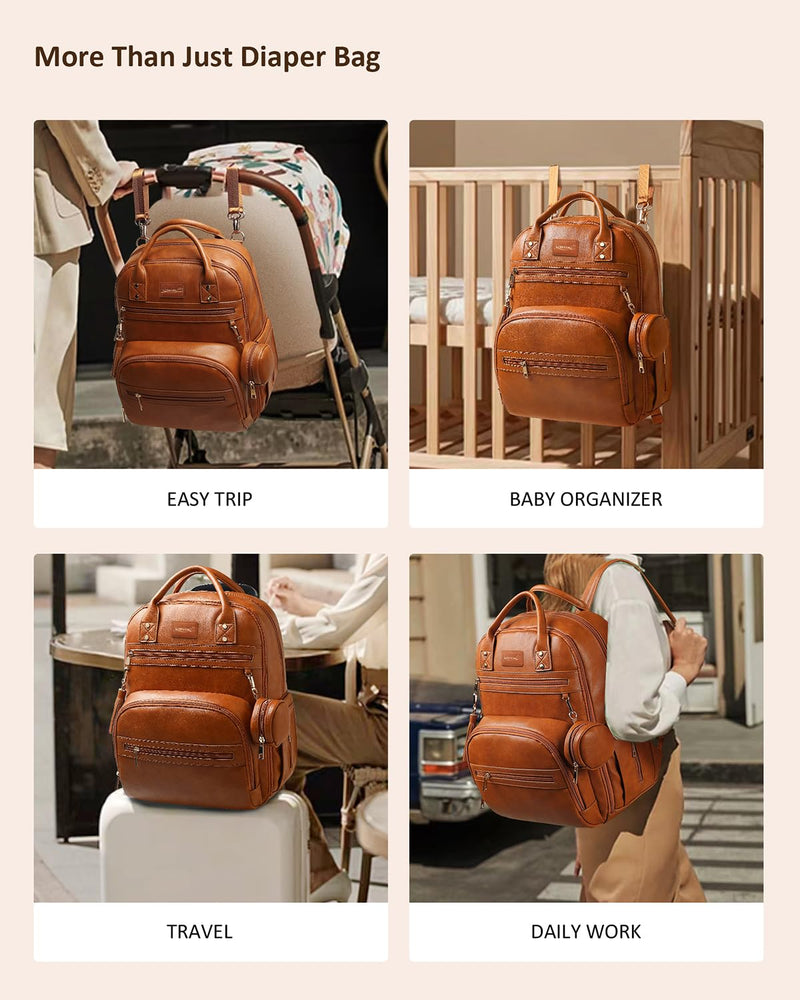 ROSEGIN Premium Vegan Leather Diaper Bag Backpack with Waterproof Changing Pad, Reinforced Zippers & Odor - Free, 20 Pockets Pro Organizer, Fits 15.6" Laptop, Stroller Straps, Baby Bag for Mom, Brown