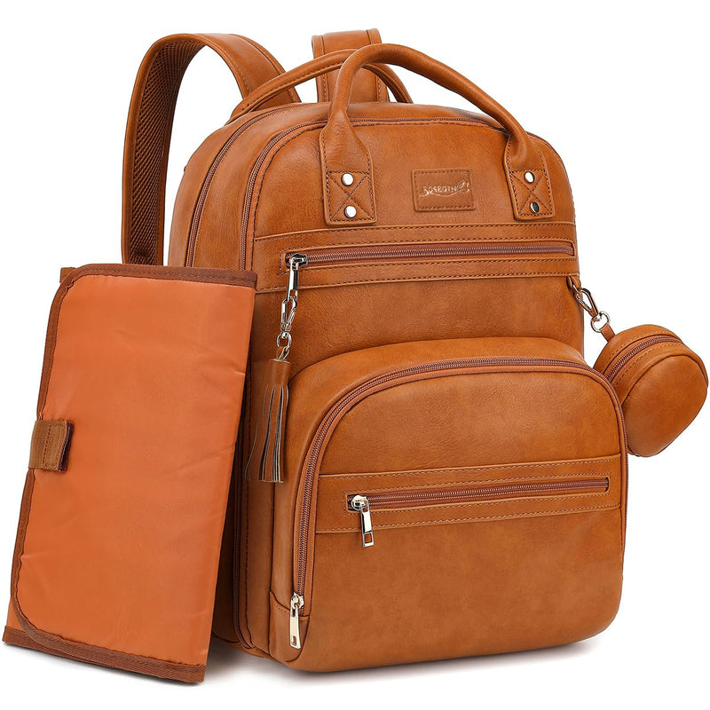 ROSEGIN Premium Vegan Leather Diaper Bag Backpack with Waterproof Changing Pad, Reinforced Zippers & Odor - Free, 20 Pockets Pro Organizer, Fits 15.6" Laptop, Stroller Straps, Baby Bag for Mom, Brown