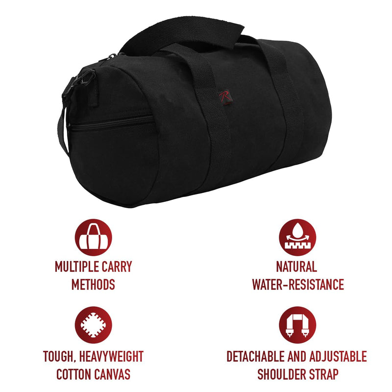 Rothco Canvas Shoulder Duffle Bag Duffel Gym Bag for Men Women Sports Duffel Bag, Black, 19 Inches