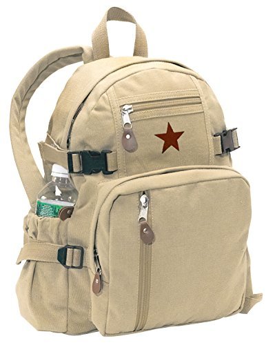 Rothco Vintage Canvas Compact Backpack, Small Cotton Canvas Daypack with Multi Pockets, Adjustable Straps, Mini Travel Bag (Khaki)