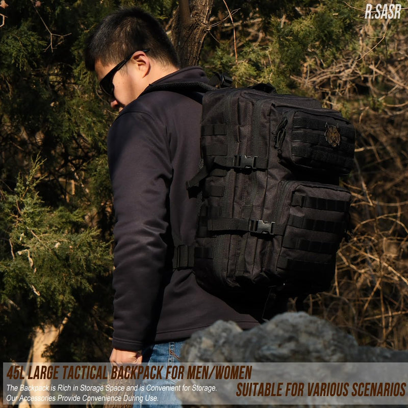 R.SASR 45L Black Tactical Backpack Military Assault Pack, MOLLE System Large 3 Day Bug Out Bag for Men Women Hiking Camping(Black - 01)