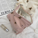 RSRSLEII 2Pcs Corduroy Travel Makeup Bag with Bear Pattern, Cute Cosmetic Bag for Purse Organizer, Toiletry Bag with Zipper for Women Travel Essentials(31 Pink Bear)