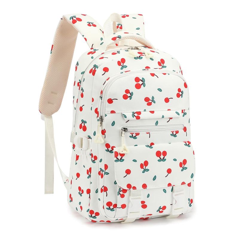 RTGNEI Kids School Backpack for Girls 5 - 12 Kawaii Travel Cherry Bookbag,Beige Cherry