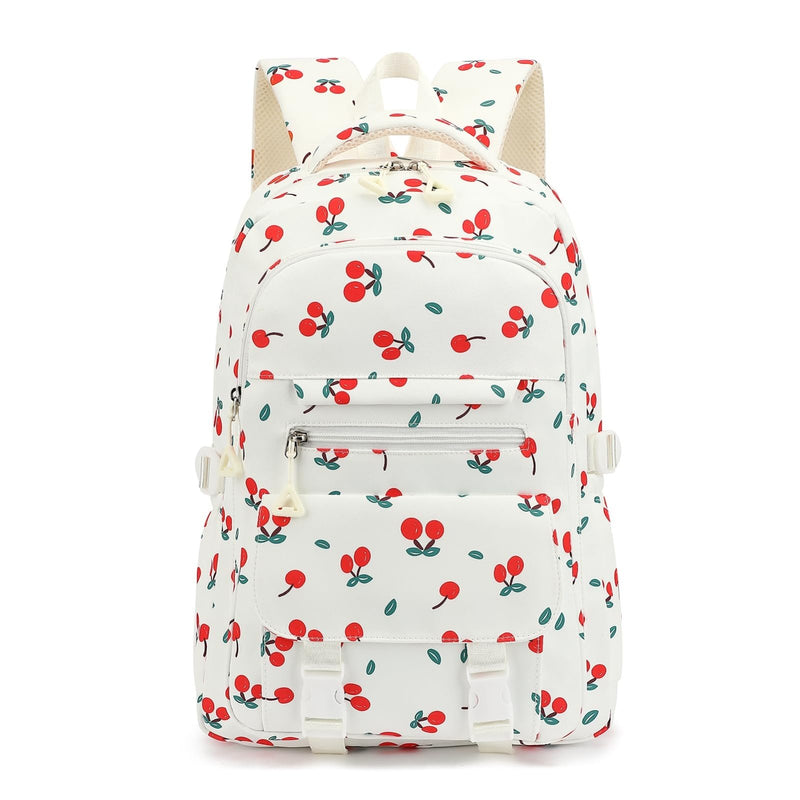RTGNEI Kids School Backpack for Girls 5 - 12 Kawaii Travel Cherry Bookbag,Beige Cherry