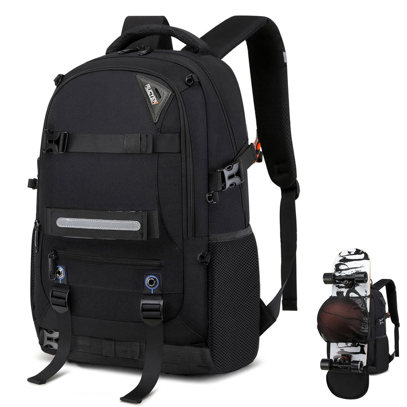 RUCYEN Skateboard Backpack, Laptop Backpack with USB Charging Port, RFID Anti - Theft Lock, Waterproof Fabric, Fits up to 15.6 Inch Laptop, for Business Travel Men (Black)