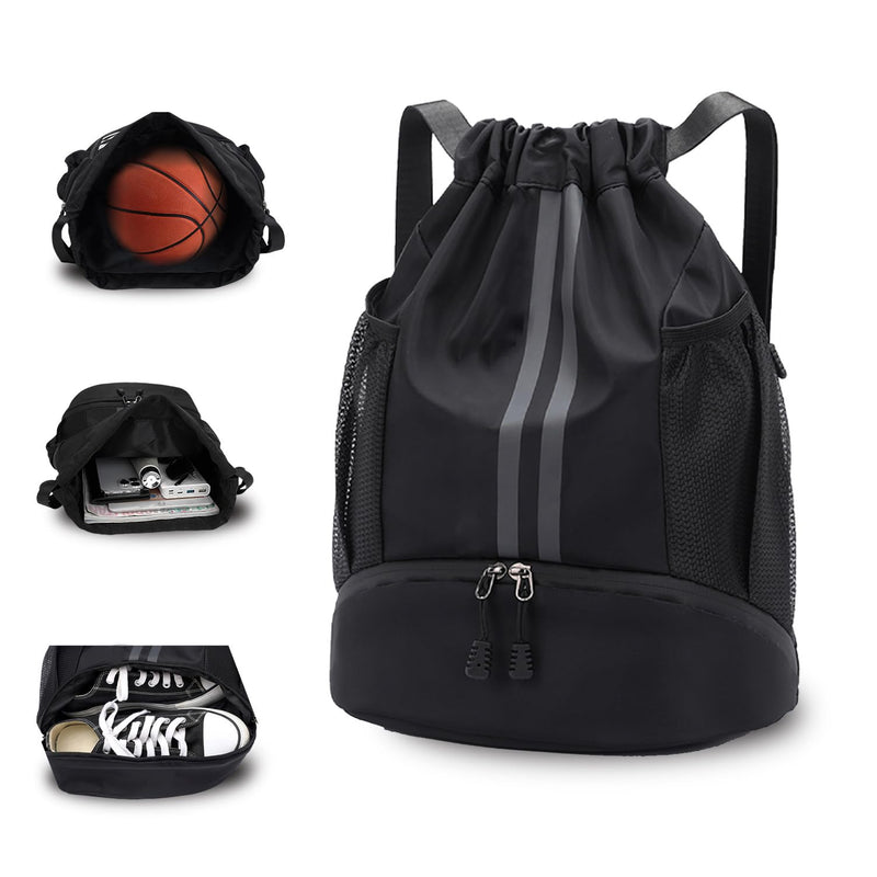 Rudmox Drawstring Backpack with Shoe Compartment,Water Resistant Sports Gym Bag,String Bag for Men Women,Hold Soccer,Basketball (Black)
