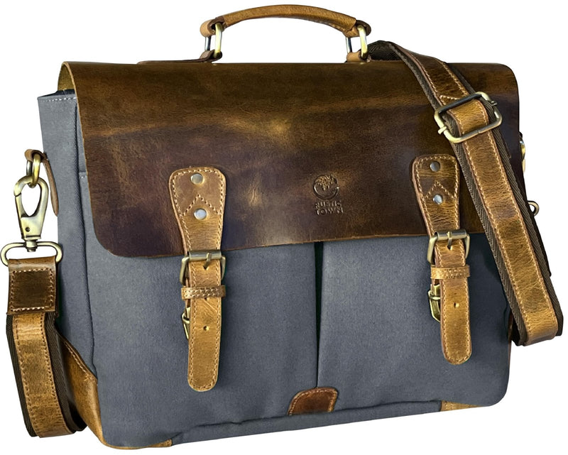 RUSTIC TOWN Leather Canvas Messenger Bag for Men Women - Vintage Laptop Satchel Leather Briefcase (14 Inch, Dark Grey)