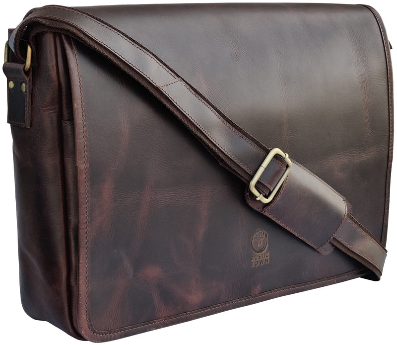 RUSTIC TOWN Leather Messenger Bag for Men Women - Full Grain Leather Laptop Satchel Office Shoulder Bag (16 - Inch, Dark Brown)