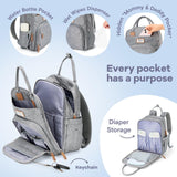 RUVALINO Diaper Bag Backpack - Multifunction Travel Baby Diaper Bag with Changing Pad, Insulated Bottle Holders & Pacifier Case, Large Capacity, Waterproof, Gray