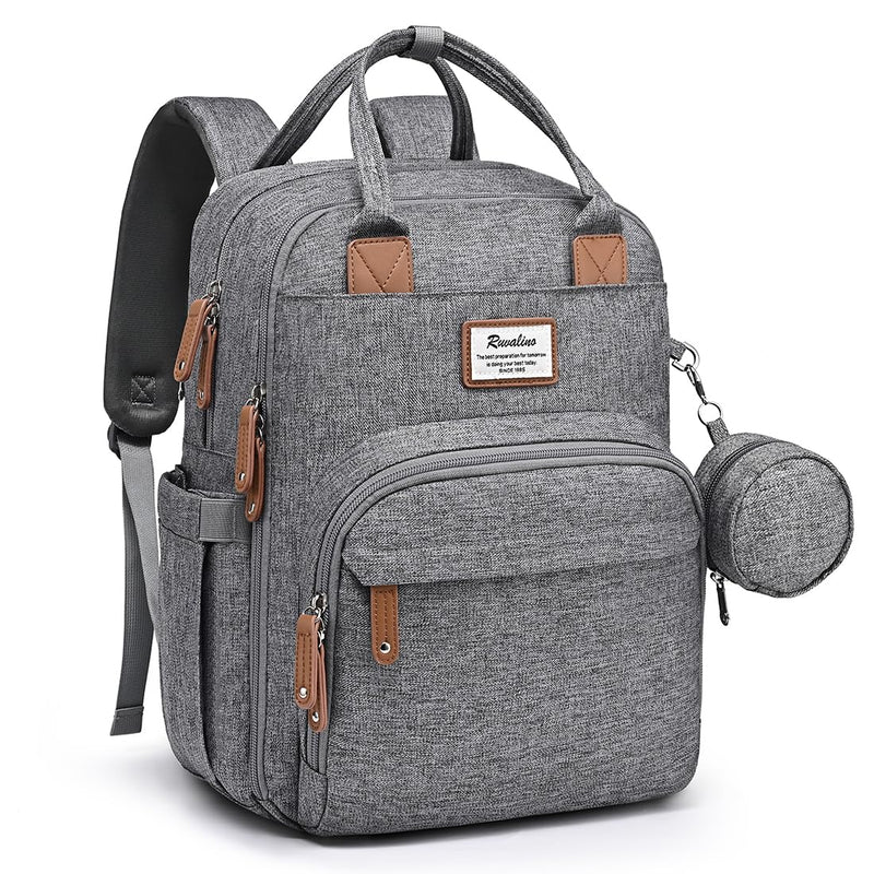 RUVALINO Diaper Bag Backpack - Multifunction Travel Baby Diaper Bag with Changing Pad, Insulated Bottle Holders & Pacifier Case, Large Capacity, Waterproof, Gray
