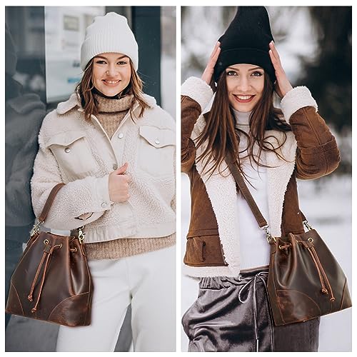 S-ZONE Genuine Leather Bucket Bags for Women Drawstring Crossbody Purses Shoulder Top Handle Handbags with 2 Straps