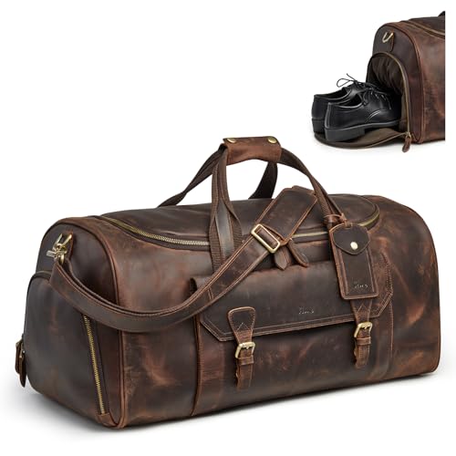 S-ZONE Genuine Leather Travel Duffle Bags for Men Women Carry On Garment Weekender Bags(Dark Brown) | Backpacks4Less