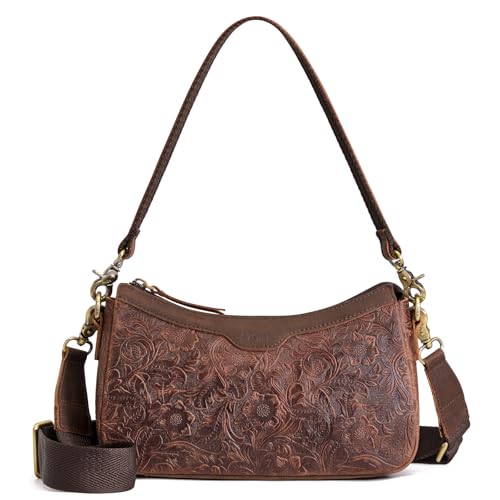S-ZONE Leather Shoulder Bag for Women Small Crossbody Bags Hobo Purses with 2 Straps (Rose Pattern Dark Brown) | Backpacks4Less