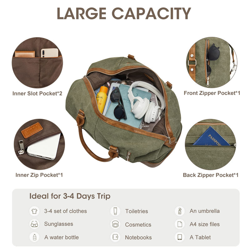 S - ZONE Weekender Bag for Men Canvas Duffle Large Weekend Overnight Travel Carry On Tote Bag with Shoe Compartment (Army Green)