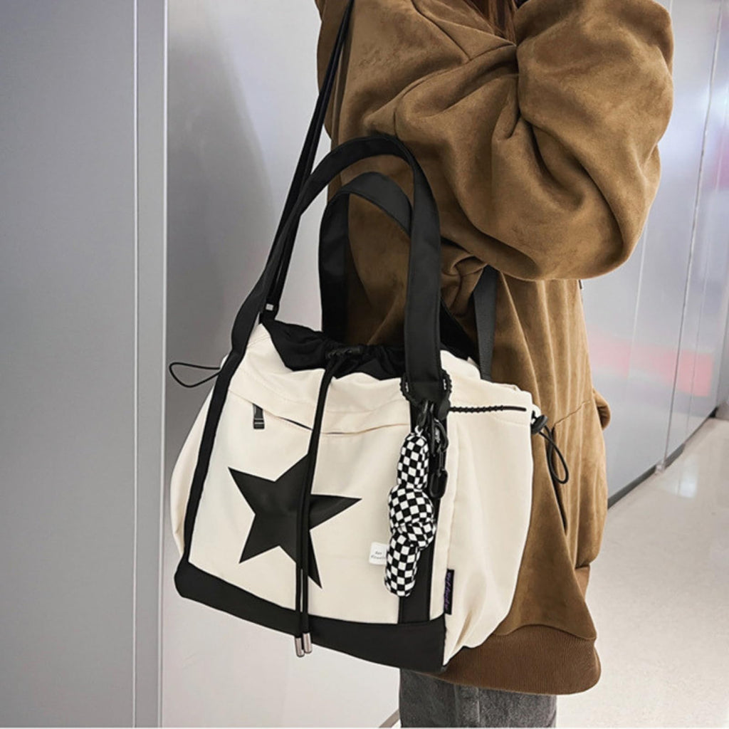 SAANG & JAT Star Messenger Bag, Vintage Star Tote Bag Y2K, Cute Aesthetic Crossbody Bag For Women, Fashion Shoulder Bag For Travel Bags (White), Large