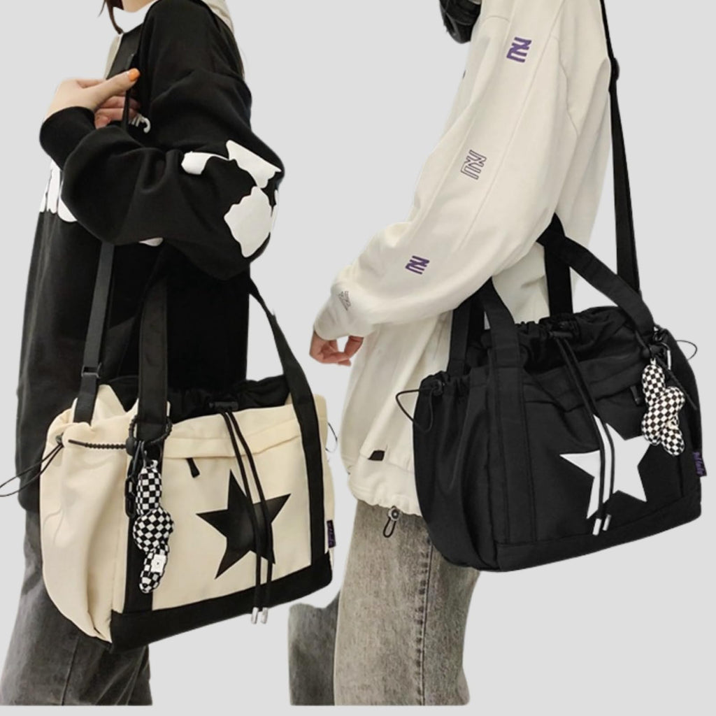 SAANG & JAT Star Messenger Bag, Vintage Star Tote Bag Y2K, Cute Aesthetic Crossbody Bag For Women, Fashion Shoulder Bag For Travel Bags (White), Large