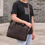 SAIION Genuine Leather Briefcase for Men, Laptop Computer Shoulder Bag With Strap, 15.6 Inch Business Travel Work Handbag, Brown