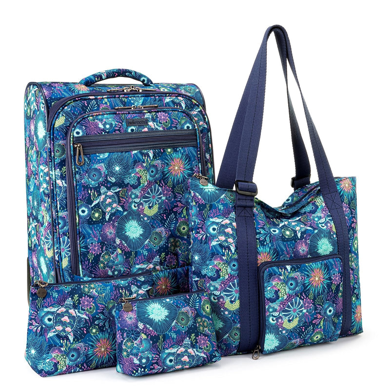 Sakroots On the Go 4 Piece Travel Bundle, Includes 21" Rolling Suitcase, Packable Large Tote, Medium & Small Pouches, Royal Blue Seascape