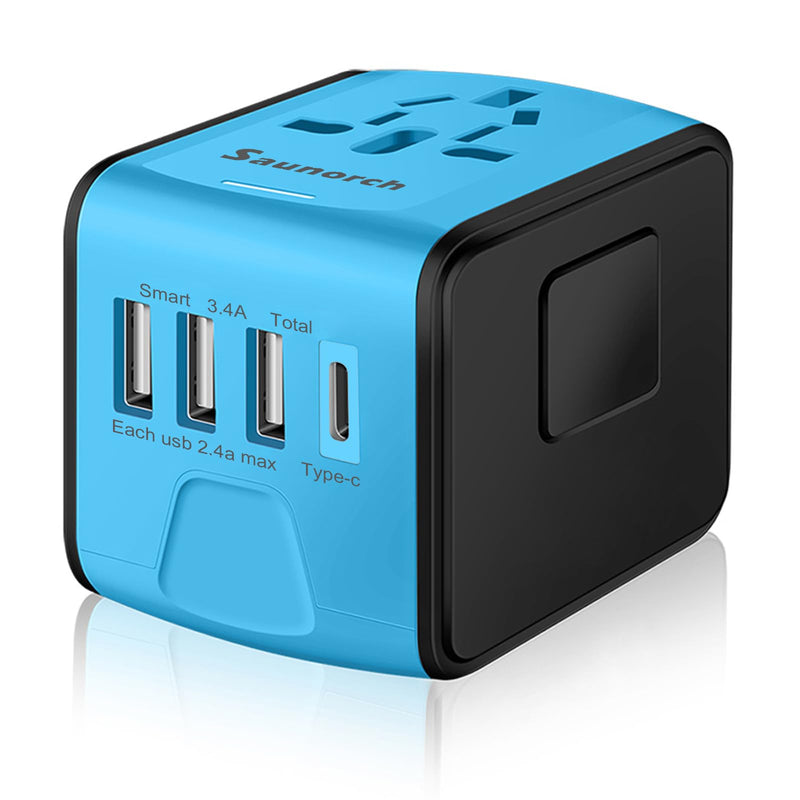 SAUNORCH Travel Adapter Worldwide, Universal International Power Plug Adapter W/2.4A 3xUSB - A and 3.0A Type - C Wall Charger, European Travel Plug Adapter for Europe UK EU US CA AU Italy Asia - Blue