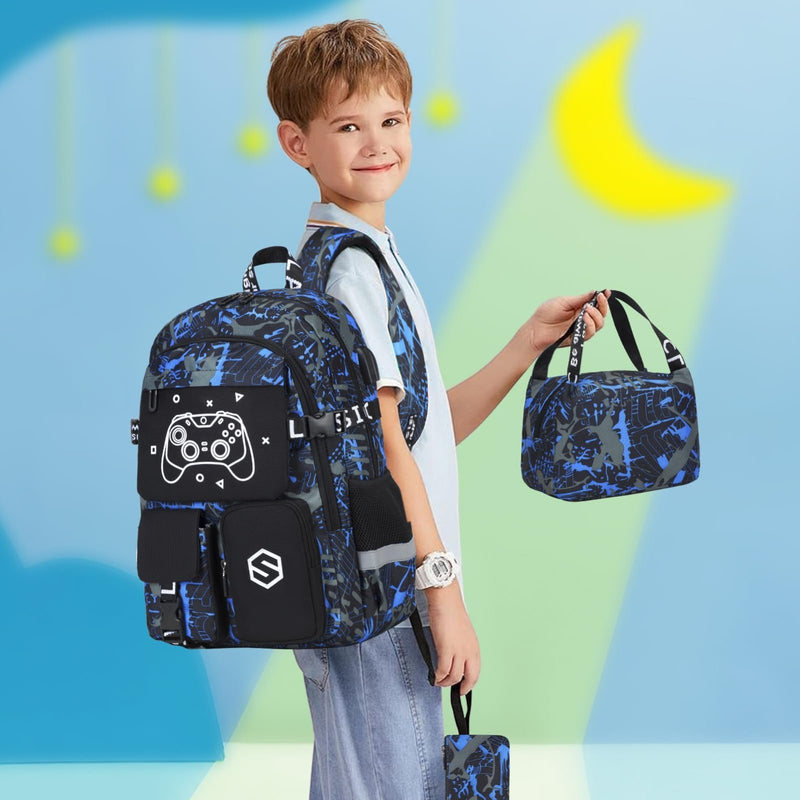 Scothen Boys Backpack, Cool Luminous School Backpacks for Boys with Lunch Bag Pencil Case, Kids Backpack Kindergarten Elementary Middle School Book Bags for Teen Boy Children with USB Charging Port