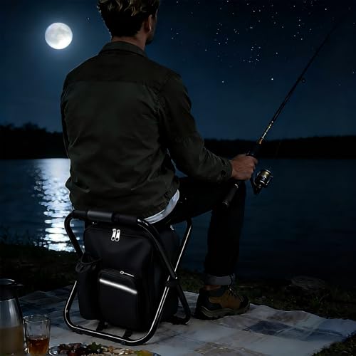 SDLDEER Folding Camping Chair Stool Backpack with Cooler Insulated Picnic Bag, Portable Hunting Fishing Multifunction Chair for Outdoors Hiking Hunting Travel (Black)