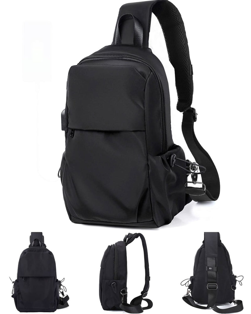 SEAFEW Small Black Sling Crossbody Backpack Shoulder Bag for Men Women, Lightweight One Strap Back Pack Sling Bag Backpack for Hiking Walking Biking Travel Cycling USB Charger Port - Nylon