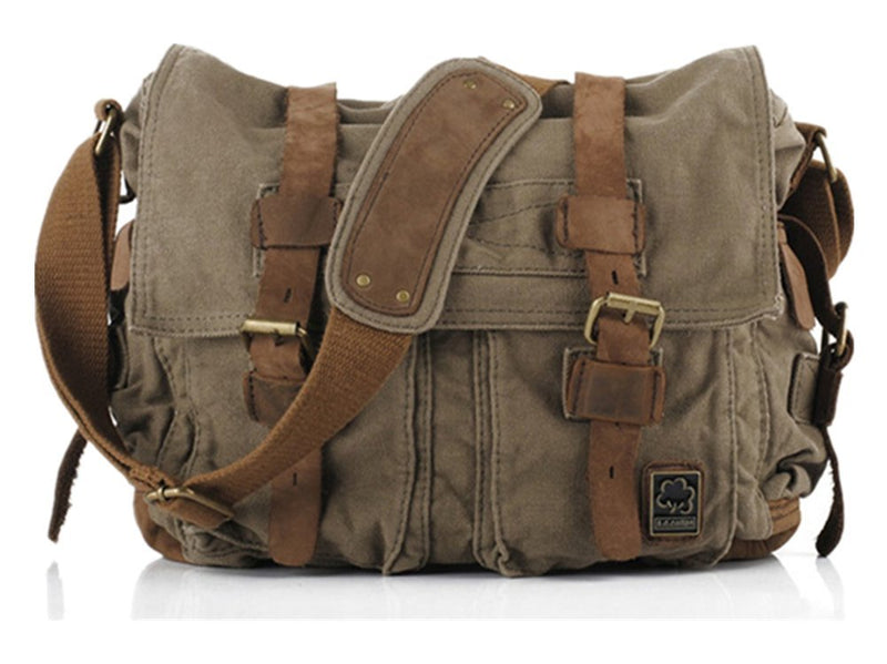 Sechunk Canvas Leather Messenger Bag Shoulder Cross Body Men Military Travel Laptop Camera Purse small - 13‘’