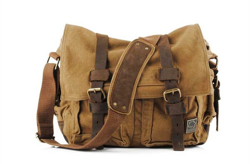 Sechunk Canvas Leather Messenger Bag Shoulder Cross Body Men Military Travel Laptop Camera Purse small - 13‘’