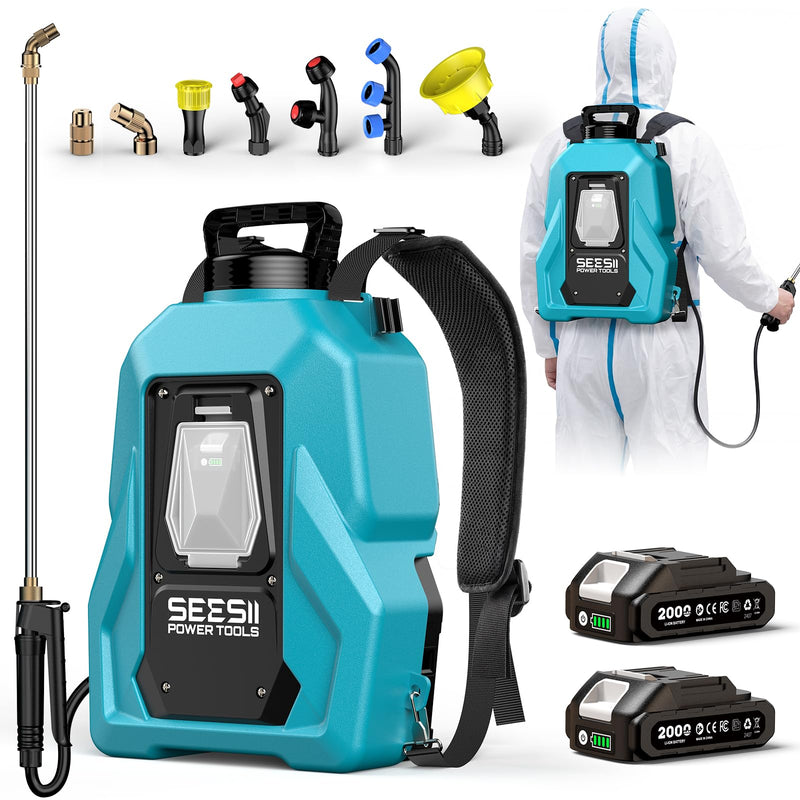 SEESII Backpack Sprayer Battery Powered, Leak - Proof 5 - Gallon, Dual Battery Electric Sprayer with Telescopic Brass Wand & 7 Nozzles, 100 PSI Adjustable Pressure for Weed Lawn Garden Pest Control