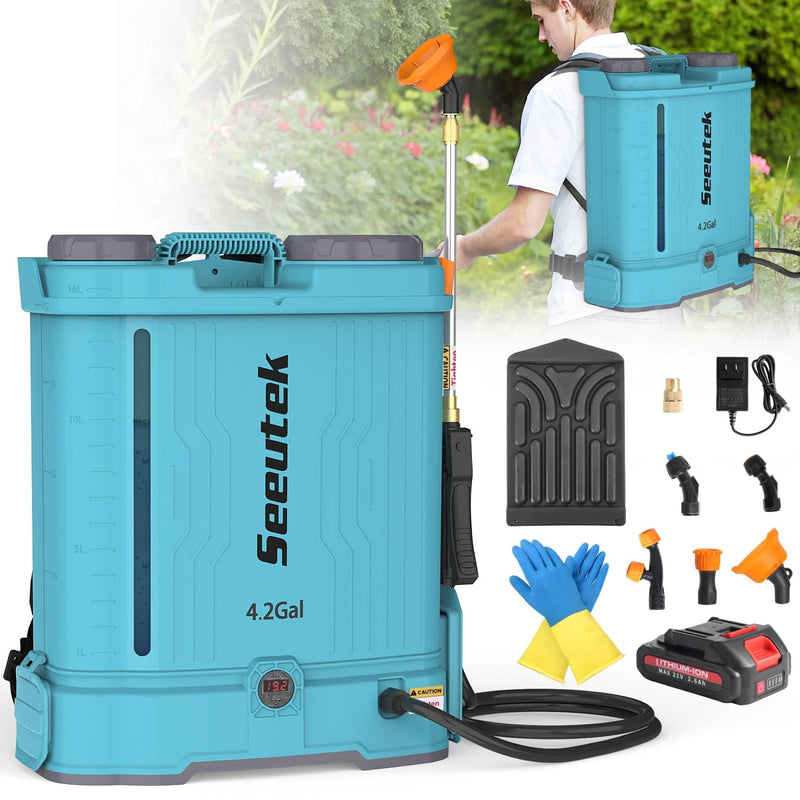 Seeutek Backpack Sprayer Battery Powered 4.2 Gallon, 0 - 100 PSI Electric Back Pack Sprayer with Mix Function, Weed Yard Sprayer with Telescopic Wand, 6 Nozzles, 21V 2.6Ah Battery & Charger Included